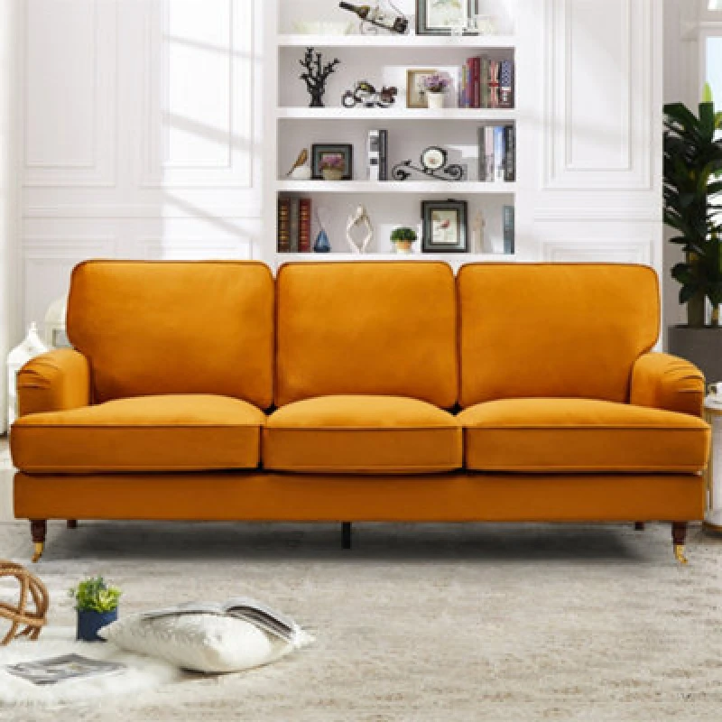 Image of Woodbury 218Cm Wide 3 Seat Orange Velvet Fabric Sofa Walnut Colour Legs With Brass Coloured Wheel
