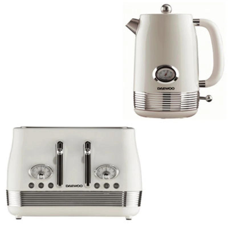 Image of Daewoo Daewoo 'Denver' Retro Matching Kettle and Toaster Set 1.5L Rapid Boil 4 Slice in Cream Cream One Size Unisex 5024996990430
