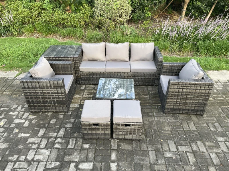 Image of Fimous Wicker 7 Pieces Rattan Garden Furniture Sofa Set with Armchair Side Table Square Coffee Table 2 Small Footstools Dark Grey