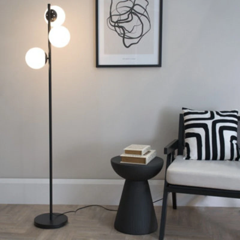Image of ValueLights Jas Opal White Frosted Glass Globe Shades 3 Way Floor Lamp Black