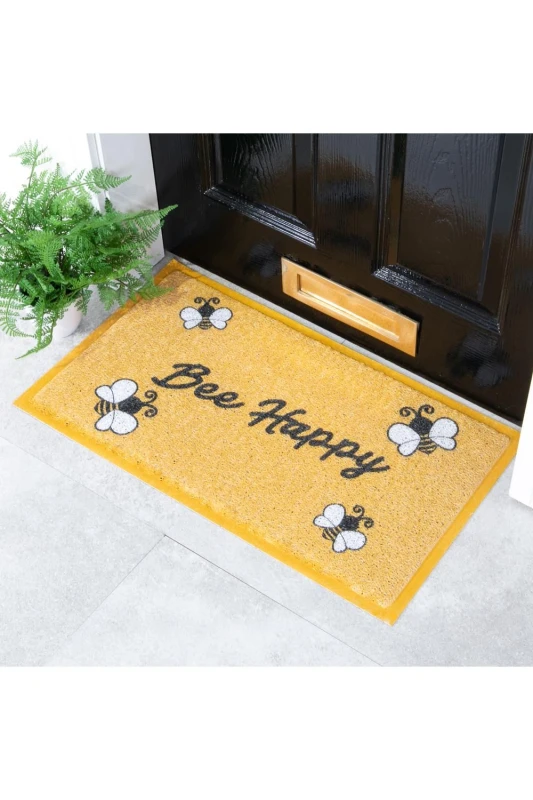 Image of Artsy Doormats Yellow Bee Happy Doormat (70 X 40Cm), Yellow DMW-BEEHAPPY-70