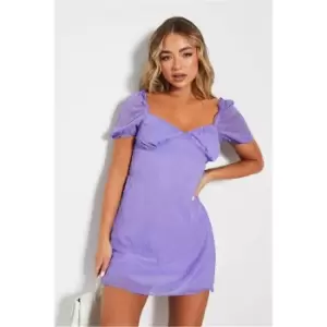 Image of I Saw It First Dobby Mesh Short Puff Sleeve Skater Dress - Purple