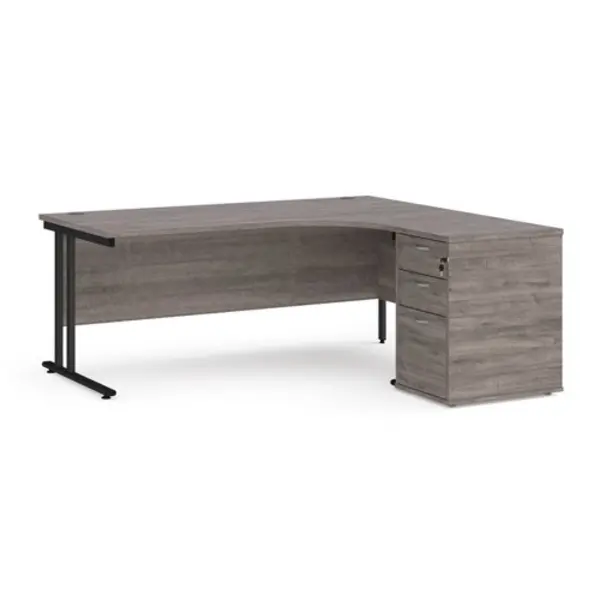 Image of Maestro 25 right hand ergonomic desk 1800mm with Black cantilever frame and desk high pedestal - grey oak
