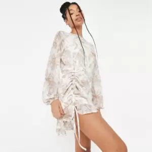 Image of Missguided Ruched Side Long Sleeve Tea Dress - White