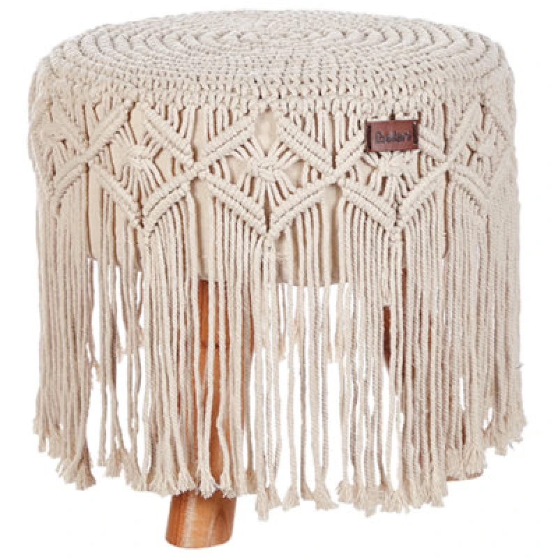 Image of Beliani Cotton Macrame Footstool Beige Nawabad
