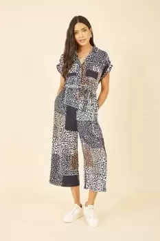 Image of Navy Patchwork Animal Print Jumpsuit