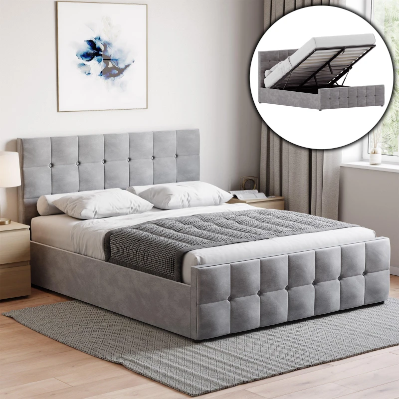 Image of Lassic Valentina King Size Ottoman Bed & Mattress Set Light Grey Velv unisex King Size
