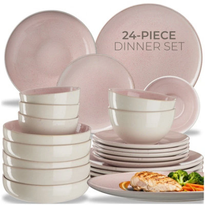 Image of Tectake 24 PC Dinner Set Mare In Glazed Stoneware For 6 People, Microwave- And Dishwasher-Safe - Rose