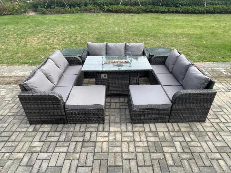 Image of Fimous Outdoor Rattan Furniture Garden Dining Set Gas Fire Pit Table With 2 Side Tables Lounge Sofa 2 Big Footstool Dark Grey