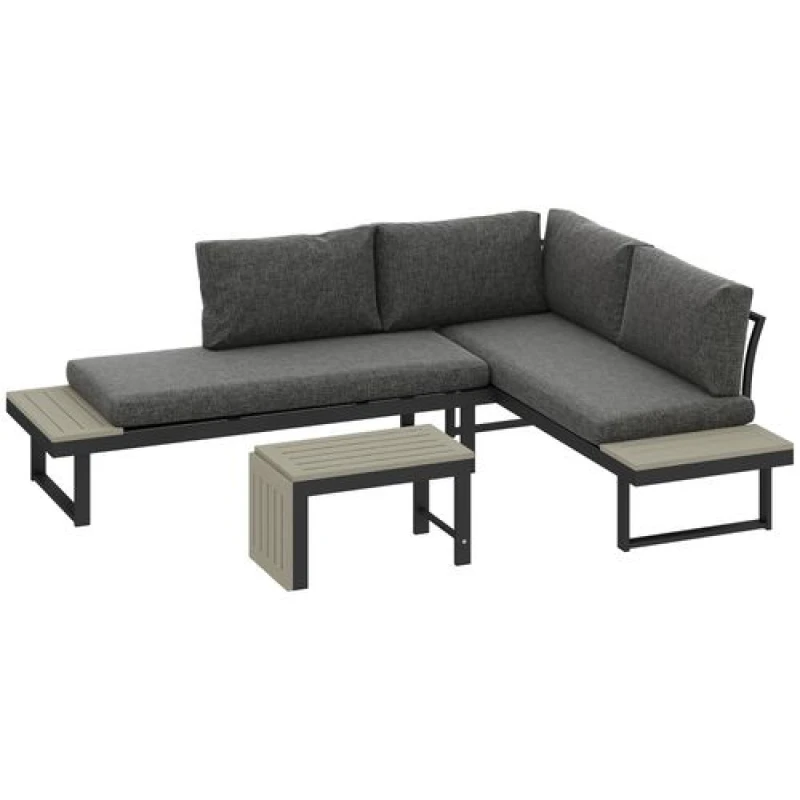Image of Outsunny 4 Seater L Shaped Aluminium Garden Furniture Set with Coffee Table Dark Grey