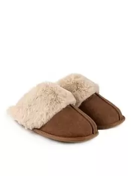 Image of TOTES Isotoner Ladies Mule Slipper With Fur Cuff - Light Brown, Light Brown, Size 7, Women