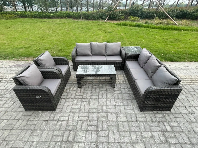 Image of Fimous Wicker PE Rattan Sofa Set Outdoor Patio Garden Furniture with Reclining Chair Coffee Table Side Table Dark Grey Mixed Dark Grey