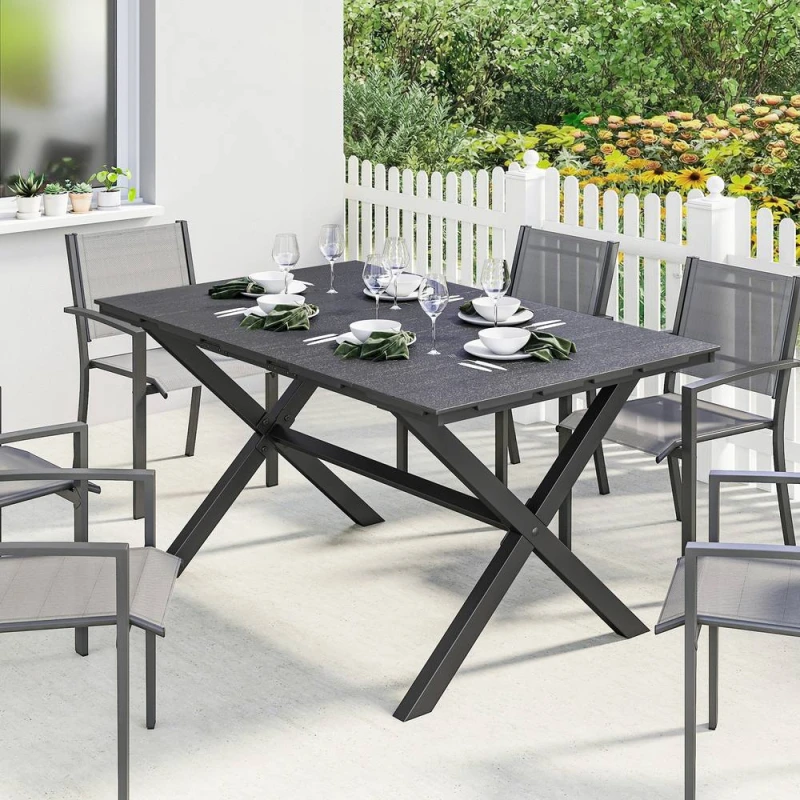 Image of OUTSUNNY Garden Dining Table, Outdoor Table for 6, Wood Effect Top, Black Size: 150cm x 90cm Black Unisex 150cm x 90 cm