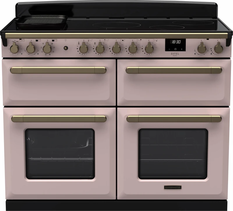 Image of Rangemaster Estel Deluxe ESDLB110EIPPPK/AB1 110cm wide Electric Range Cooker with Induction Hob - Pale Pink / Antique Brass - A Rated