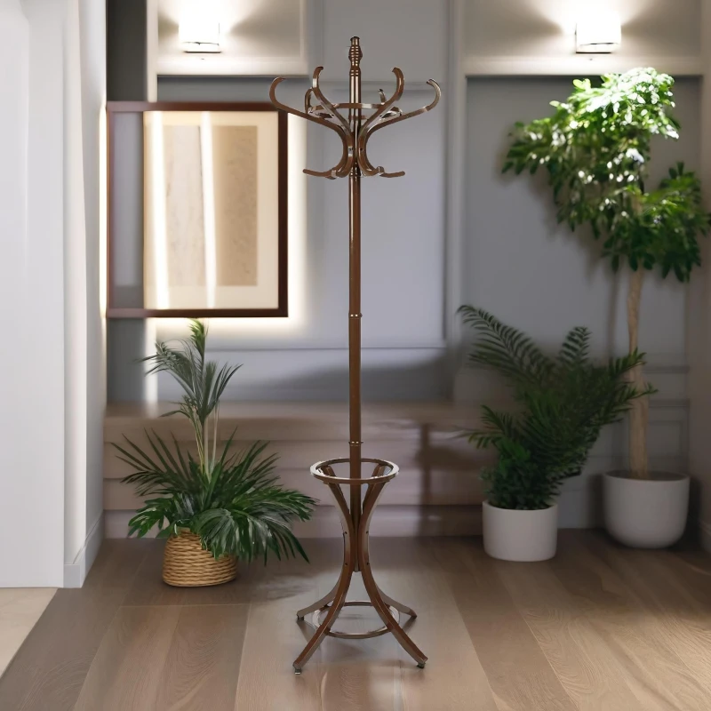 Image of Rafaelo Mobilia Wooden Coat Stand With 12 Hooks in Walnut Walnut Unisex