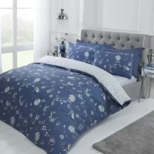 Image of Rapport Country Toile Blue Floral Bird Tree Striped Reverse Reversible Single Duvet Cover Set