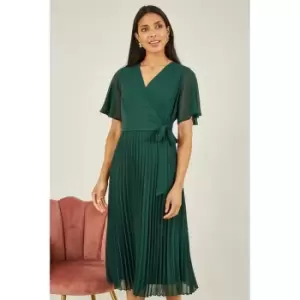 Image of Yumi Green Pleated Wrap Over Midi Dress - Green
