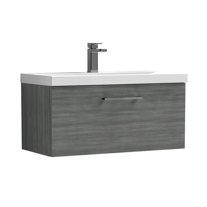 Image of Balterley 800mm Wall Hung 1 Drawer Vanity, Woodgrain Anthracite, Pewter Handle in Grey Grey Unisex