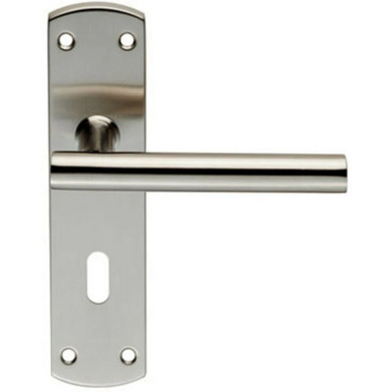 Image of Loops Mitred T Bar Lever Door Handle on Lock Backplate 172 x 44mm Satin Steel Metallics