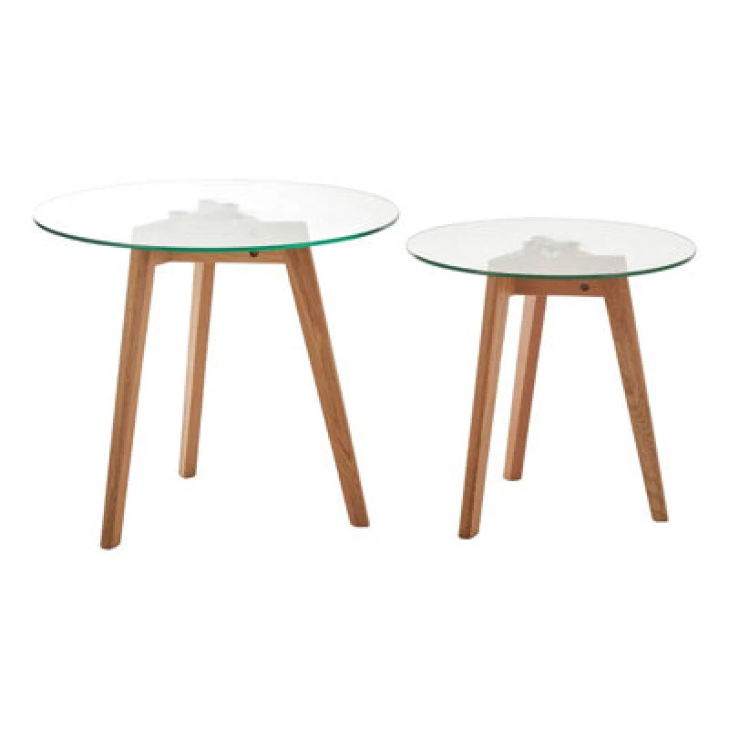 Image of Premier Housewares Set Of Two Glass Top Oak Wood Side Tables Natural