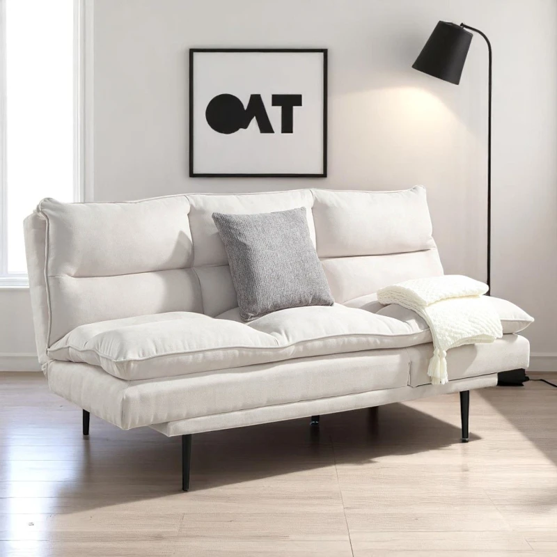 Image of OAT Home Sennen Cushion Padded Fabric 3 Seater Large Single Clic-Clac Sofa Bed in Natural Natural Unisex 3 Seater