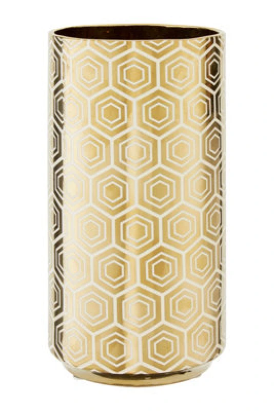Image of Orsina Gold Ceramic Vase With Hexagonal Pattern, Vintage Luxe Cylindrical Stoneware Vase, Geomeric Vase