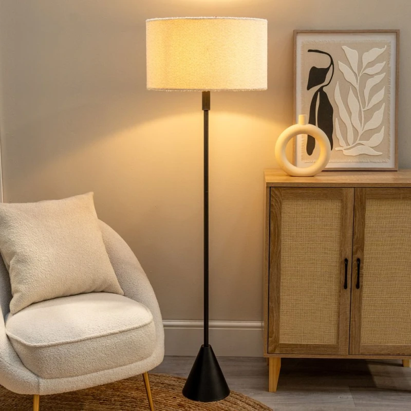 Image of ValueLights ValueLights Mitch Cream Boucle Drum Shade Black Wood Single Triangle Floor Lamp Cream One Size Unisex 5059406064579
