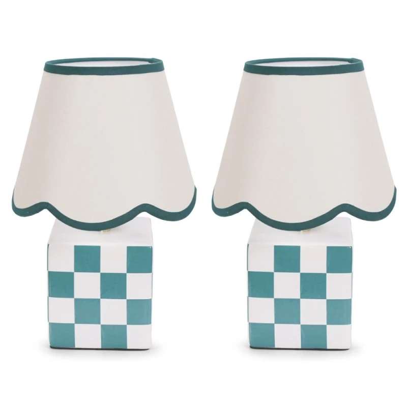 Image of ValueLights Evie Pair Ceramic Cube Table Lamp with Sage Green Trim Linen Scallop Lamp Shade Green