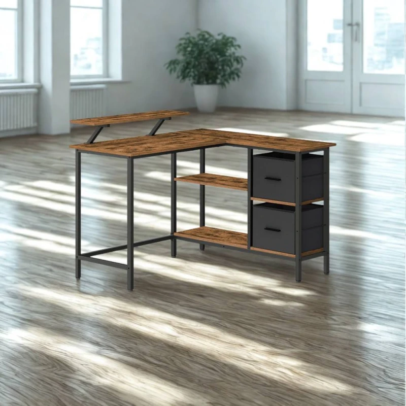 Image of Pirlo Plush Industrial Rustic L-Shaped Corner Computer Desk With Drawers in Brown Brown Unisex