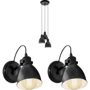 Image of Ceiling Pendant Light & 2x Matching Wall Lights Black Multi Lamp Hanging Shade