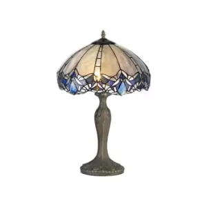 Image of Luminosa Lighting - 2 Light Curved Table Lamp E27 With 40cm Tiffany Shade, Blue, Clear Crystal, Aged Antique Brass