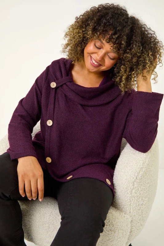 Image of Roman Womens Curve Cowl Neck Button Wrap Top in Purple Size: 30-32 Purple Female 30-32