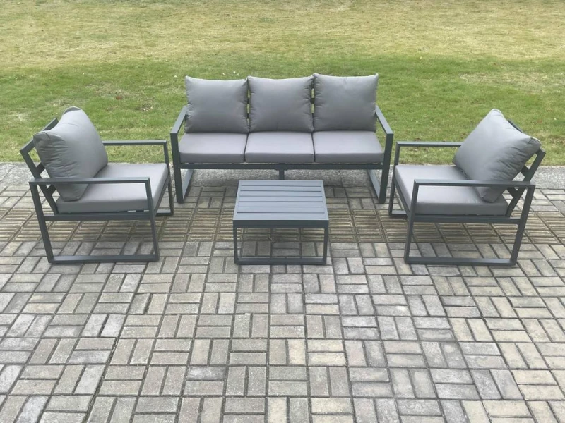 Image of Fimous Aluminium Outdoor Garden Furniture Set Lounge Sofa 2 PC Chairs Square Coffee Table Sets Dark Grey Dark Grey Unisex