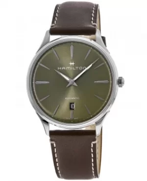 Image of Hamilton Jazzmaster Thinline Auto Green Dial Brown Leather Strap Mens Watch H38525561 H38525561