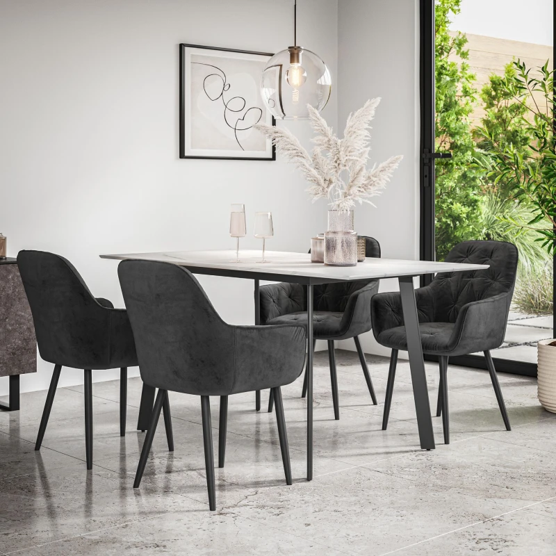 Image of More4Homes Haydon Extending Dining Table + Chairs- White Marble Effect Table Top W Black Legs + Anika Velvet Dining Chair Set Of 4 (Black)