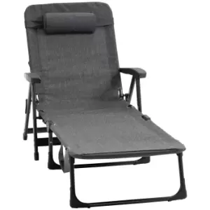 Image of Outsunny Folding Chaise Lounge Chair, Mesh Fabric Lounge Chair, 7-Reclining Position Sleeping Bed with Pillow & Cup Holder or Poolside, Dark Grey