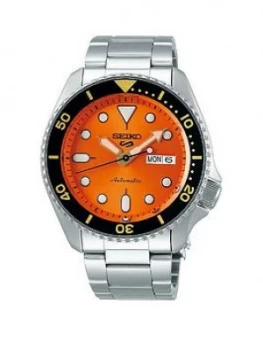 Image of Seiko Seiko 5 Stainless Steel Orange Dial Black Accent Bezel Bracelet Watch