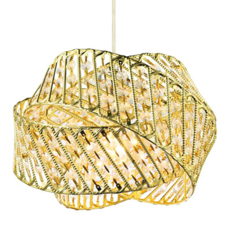 Image of Happy Homewares Designer Triple Ring Gold Pendant Light Shade With Small Clear Acrylic Beads