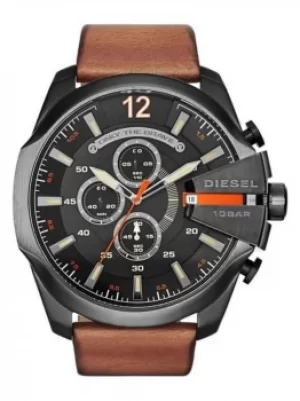 Image of Diesel Mens Mega Chief Black Chronograph Dial Brown Leather Strap...