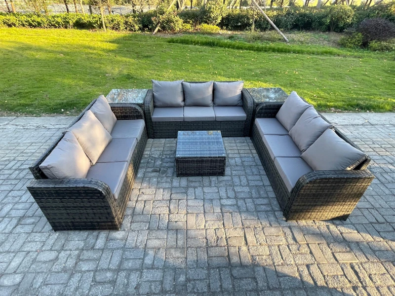 Image of Fimous Rattan Outdoor Furniture Set Patio Garden Sofa Set with 2 Side Table Square Coffee Table Dark Grey Mixed Dark Grey