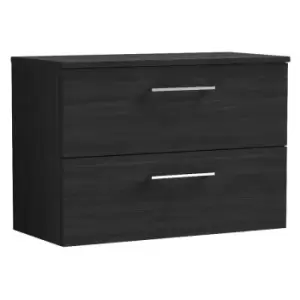 Image of Nuie Arno Charcoal Black 800mm Wall Hung 2 Drawer Vanity Unit with Worktop - ARN626W - Charcoal Black