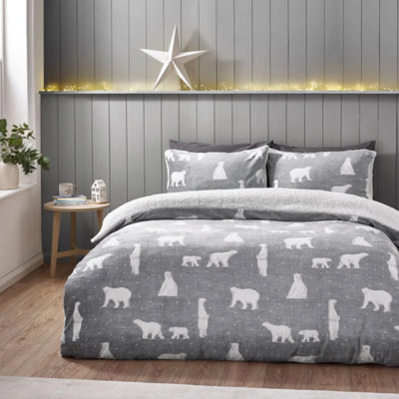 Image of Catherine Lansfield Catherine Lansfield 'Cosy Polar Bear' Soft Sherpa Duvet Cover Set in Grey Size: King Grey King Unisex 5057681156330