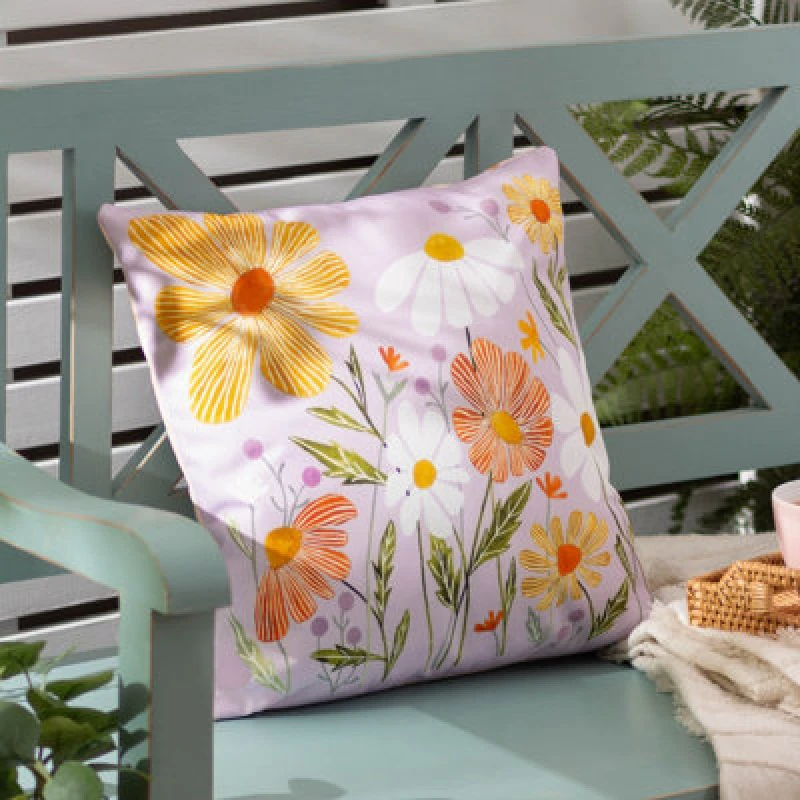 Image of Wildflowers Outdoor Cushion Lilac/Peach, Lilac/Peach / 43 x 43cm / Polyester Filled