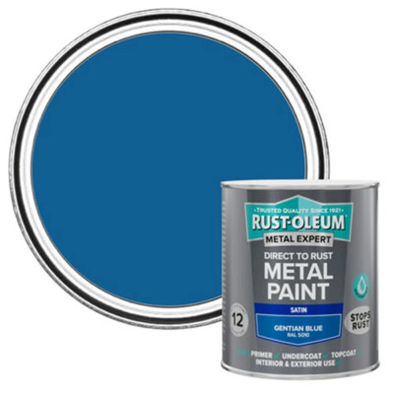 Image of Rust-Oleum Metal Expert Gentian Blue Satin Topcoat Paint, 750Ml Tin