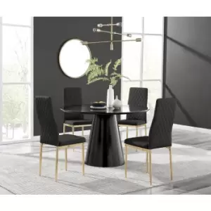Image of Furniturebox Palma Black Semi Gloss 120cm Round Minimalist Dining Table & 4 Black Milan Gold Leg Chairs