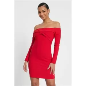 Image of I Saw It First Red Rib Bow Bardot Bodycon Dress - Red