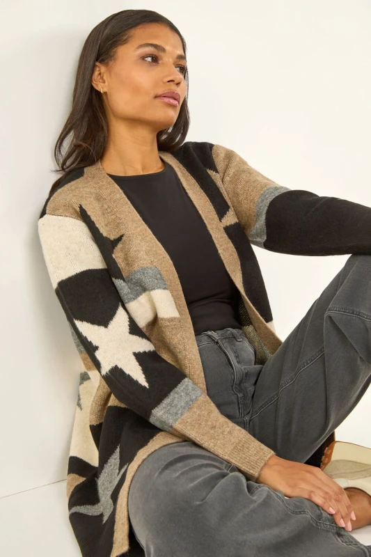 Image of Roman Star Print Longline Stretch Cardigan Natural