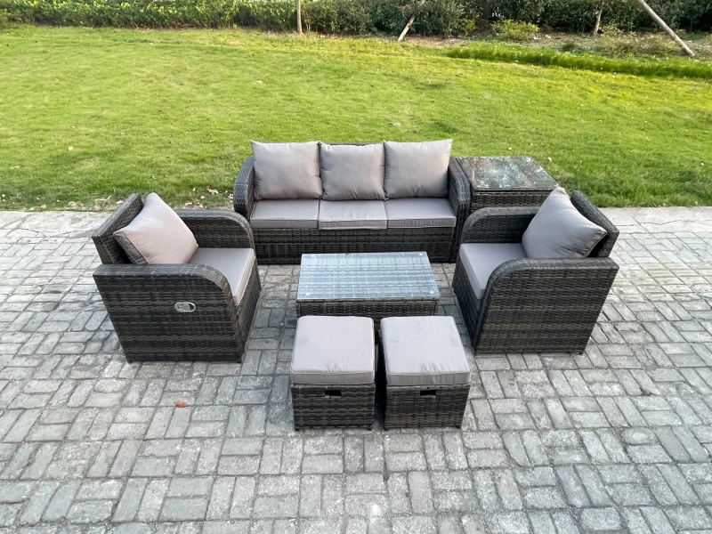Image of Fimous Outdoor Rattan Garden Furniture Set Patio Lounge Sofa Set with Reclining Chair Side Table 2 Small Footstools Dark Grey