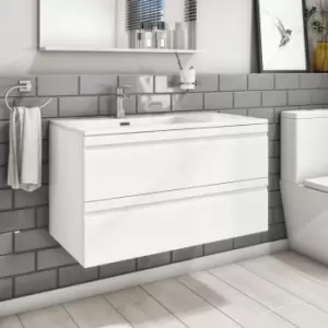 Image of 900mm White Wood Effect Wall Hung Vanity Unit with Basin - Boston