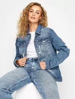 Image of Long Tall Sally Distressed Denim Jacket - Mid Wash, Blue, Size 12, Women